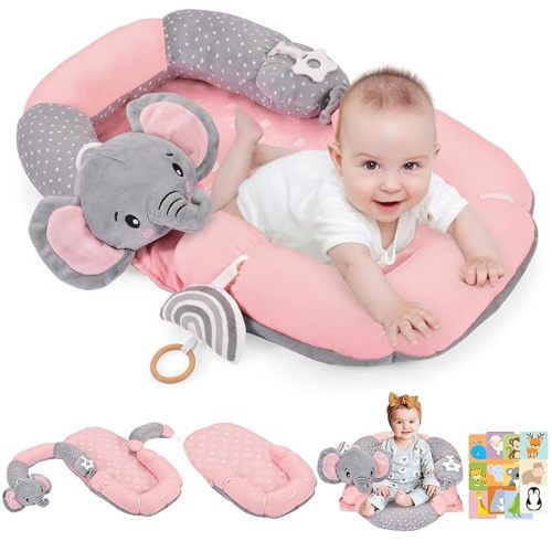 4 in 1 Tummy Time Mat & Seated Support Pillows with Educational Cards, Play Mat, Sitting Support for Newborn 0-12 Months, Infant Baby Sit Me Up Floor Seat, Sensory Development Gifts, Elephant