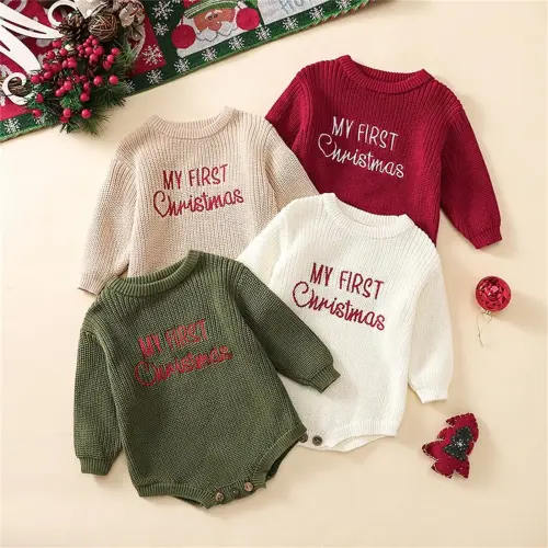 REDWOON My First Christmas Baby Outfit Girl Boy Christmas Sweater Bubble Romper Long Sleeve Jumpsuit Fall Winter Outfit - TikTok Shop