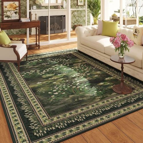 Rugcomf 5x7 Area Rugs Impressionist-Style Vintage Washable Area Rug Non Slip Low Pile Large Rugs for Living Room Bedroom Farmhouse Dining Room Kids Playroom, Beige