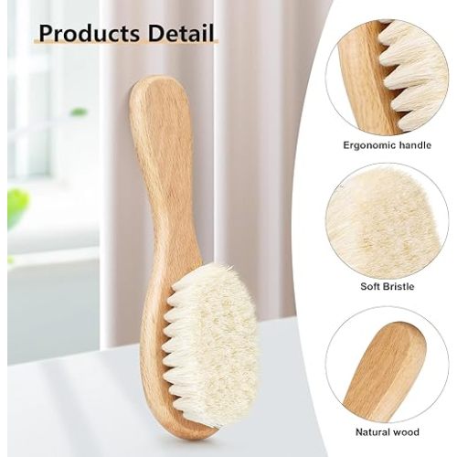 Molylove Baby Hair Brush with Wooden Handle and Comb Set for Newborns & Toddlers | Natural Soft Goat Bristles l Wood Comb l Blue Cradle Cap Brush| Ideal for Cradle Cap (3 Piece)