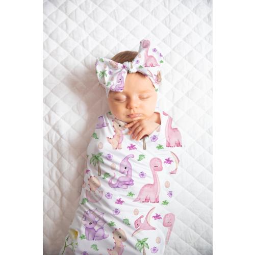 Dinosaur Baby Girl Swaddle Blanket Set | Newborn Hospital Photo Outfit | Bow Knotted Hat Beanie | Baby Shower Gift | Newborn Blanket