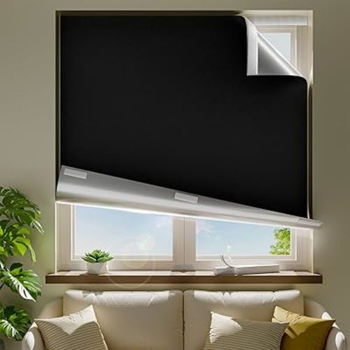 46" W x 48" L 100% Portable Blackout Curtains, Total Darkness No-Drill Black Out Window Cover,Temporary Blackout Shades with Hook & Loop Tape, for Bedroom, Nursery, Dorm, Travel (Black)