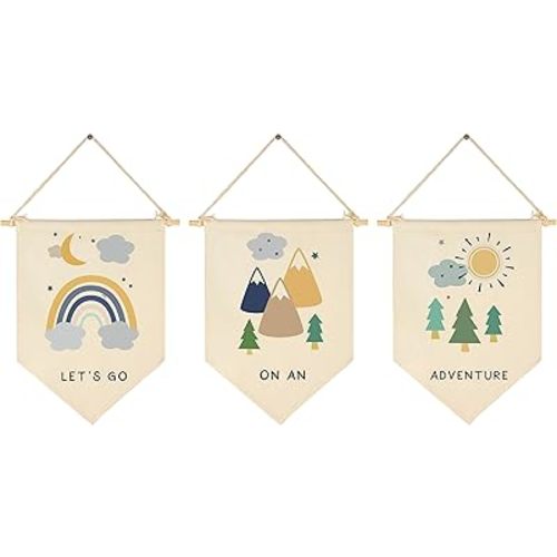 Set of 3 Nursery Canvas Banners-Mountain,Adventure,Forest,Rainbow Flag Decor Gifts for Baby Boys Girls Kids,Nursery Baby Room Playroom Bedroom Decor-Banner Pennant Wall Decorations