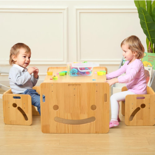 FUNLIO Height Adjustable Montessori Weaning Table and Chair Set for Age 1-3, Quality Solid Wood Toddler Table and 2 Chairs, Kids Table and Chairs for Reading/Eating/Playing,CPC Certified (3pcs Set)