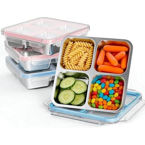 4 Pack Stainless Steel 4 Compartment Snack Containers with Lids, Reusable Divided Lunch & Food Storage Containers for Work, Travel(2 Pink, 2 Blue)