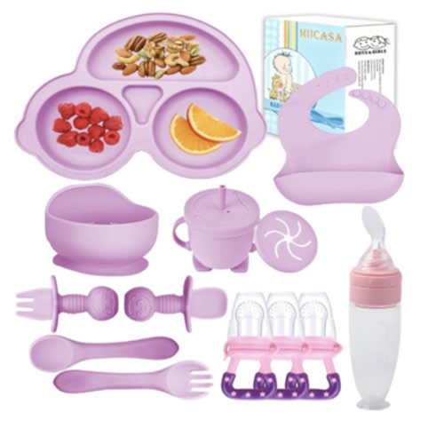 Silicone Baby Feeding Set,Miicasa Baby Led Weaning Supplies Kit With Suction Bowl & Car Plate, Bib, Spoon, Fork, Cup - Food-Grade Silicone, Dishwasher-Safe, No BPAs - For 3+ Months