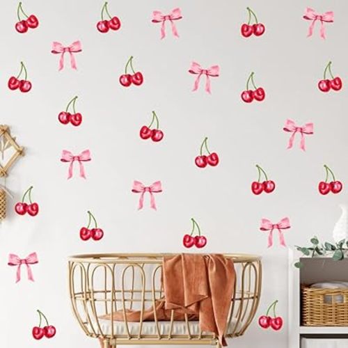 OLMIXA Watercolor Cherry Wall Decal, Fruit Cherries with Pink Bow Wall Stickers, Vinyl Red Cherry Wall Art for Bedroom Kids Room Kitchen Decor
