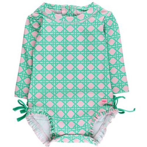 RuffleButts Baby/Toddler Girls UPF50+ Long Sleeve One Piece Rash Guard - Pink Coastal Cane, 0-3m
