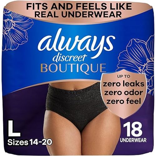 Always Discreet Boutique Incontinence and Postpartum Underwear for Women, Maximum Protection, Large, Black, 18 Count