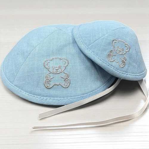 Father & Baby Linen Kippah Set | Teddy Bear or Star of David