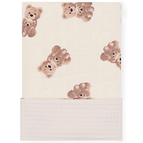 LifeTree Baby Waffle Blankets, Neutral Muslin Swaddle Blankets for Boys Girls, Double-Sided Neutral Receiving Blankets with Muslin Front and Waffle Backing Infant Newborn, Bear Pattern