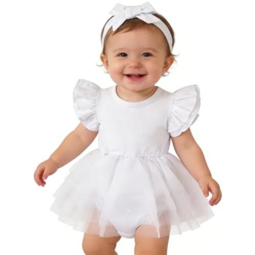 Baby Girl Ruffle Sleeve Romper Dress Infant Jumpsuit Tutu Skirt Set Newborn Princess Tulle Dresses Headband Outfit