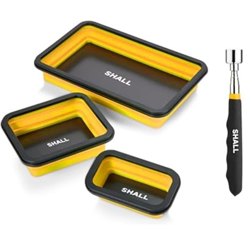 SHALL Collapsible Magnetic Tool Parts Tray and Telescoping Magnetic Pickup Tool Set, 3-Piece Silicone Foldable Magnetic Bowls & 25LBS Force Extendable Magnet for Mechanic Screw Bolts Nuts Washers Pins