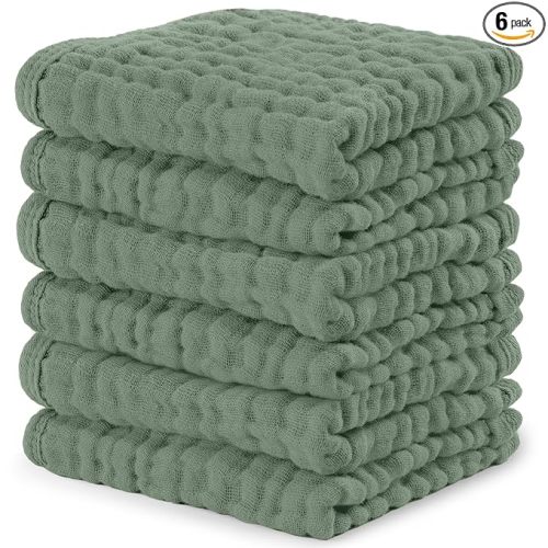 Comfy Cubs Muslin Baby Washcloths 6 Pack - Soft 6-Layer Cotton Wash Cloths for Sensitive Skin - 10"x10" Large, Gentle, Absorbent Infant Essentials for Newborn and Toddlers - Fern
