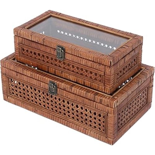 DECOR4SEASON Rattan and Cane Stacking Boxes with Glass Top Lid - Set of 2 11.8" and 14.1", for Boho and Rustic Farmhouse Decor, Brown