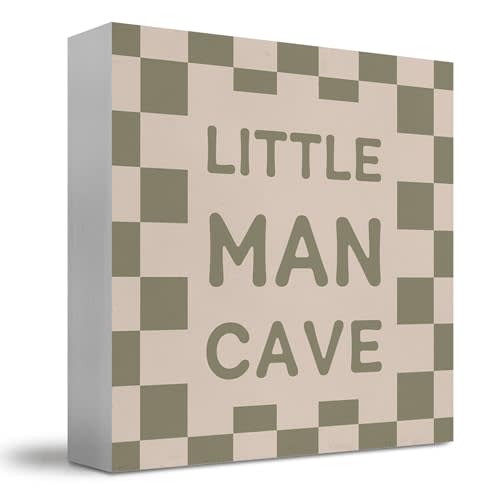 JUIOEIU Little Man Cave Sign for Boys, Baby Boy Nursery Decor Retro Sage Green Checkered Wooden Box Sign, Boys Room Wood Block Box for Little Teen Bedroom Playroom Desk Shelf Tabletop Decor, 5x5 Inch