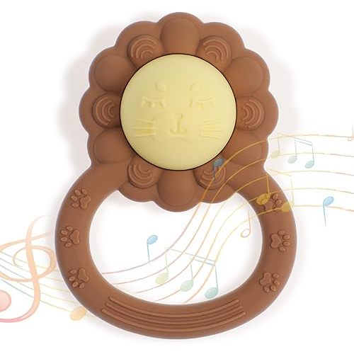 Rattle Teether, Lion Shape Montessori Baby Sensory Teething Toys, Food Grade Silicone BPA Free, Newborn Essentials Must Haves (Daffodil Clay)