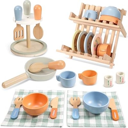 Wooden Play Cookware Set, Pretend Play Kitchen Accessories Toys Set for Kids Toddlers, Including Play Dishes, Pan, Tableware, Utensils