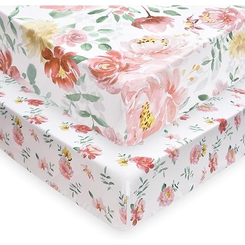 PHF Soft Floral Crib Sheet Fitted, 2 Pack Silky Comfy Breathable Baby Sheets for Girls, 28x52x9in Fits Standard Crib and Toddler Mattresses, Watercolor Floral