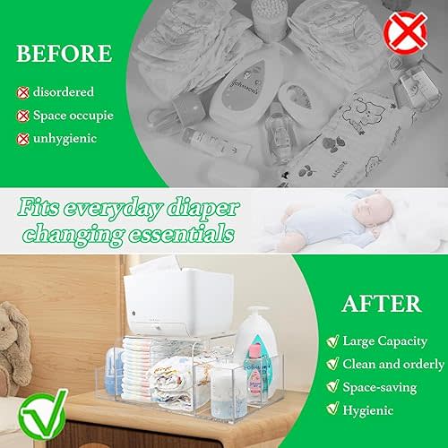 Diaper Caddy Acrylic, Baby Changing Table Organizer, Dresser Tabletop Organizer with 4 Detachable Compartments, Storage for Wipe Dispenser, Anti-slip Rubber Feet, Newborn Baby Essentials, Transparent