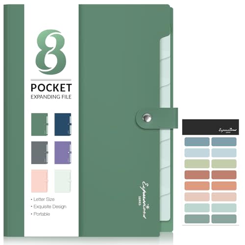 Sooez Elegant Accordion File Organizer, 8 Pocket Expanding File Folders with Labels, Portable Folder for Documents, Cute Paper Organizer for School Office Supplies, Letter Size, Dark Green