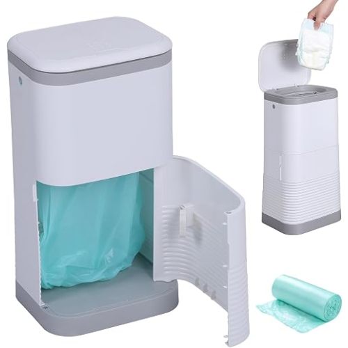 Diaper Pail with Airtight Lid, Odor Control Diaper Bin, 15 Liter 4 Gallon Nursery Trash Can, Holds Up to 16 Diapers, Easy Handle Operation for Home Use (White)