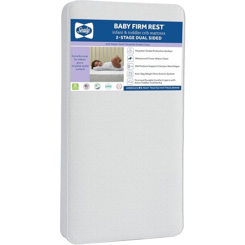 Sealy Baby Firm Rest Antibacterial 2 Stage Waterproof Crib Mattress plus Toddler Bed Fit, 204 Steel Coils, Non Toxic, GREENGUARD Gold Certified, Safety & Quality Tested, Made in USA, 52"X28"