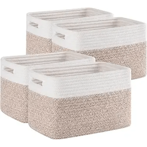4 Pack Storage Baskets for Organizing, Woven Baskets for Shelves - Perfect for Toys, Books, Towels, and Clothes, Durable Gift Basket Bins Toy Storage, 12.7''Lx9''Wx7.8''H, Brown & White