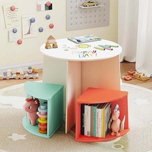 DOREROOM Kids Table and 4 Chairs Set with Storage, Round Wooden Activity Table with Graffiti Art Desktop for Toddler, Childrens Play Furniture for Playroom/Nursery/Home