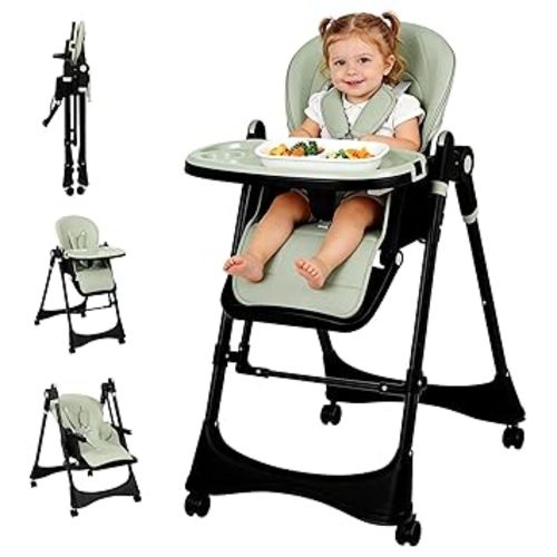 3-in-1 Baby High Chair with Soothing Rocker | Convertible Baby High Chair for Babies and Toddlers | Brake Wheels, Easy Clean, Space Saving | Adjustable, Removable Tray (Black Green)