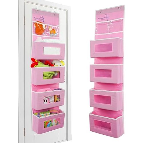 4 Tires Over The Door Organizer- Hanging Shelves with 2 Large Capacity Pockets-Storage Organizer For Kitchen, Baby Organizer Toys Nursery, Bathroom, Bedroom Hanging Closet Organizer-Pink
