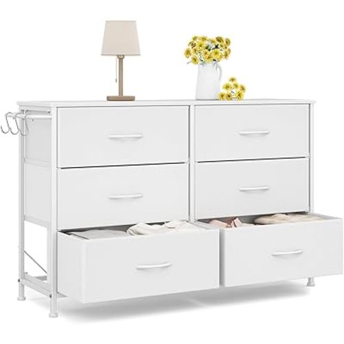 Dresser for Bedroom with 6 Drawers, Small Fabric Dressers for Kids Bedroom, Chest of Drawers, Storage Organizer Dresser for Closet, Nursery, Dorm, Apartment, TV Stand Living Room Wooden Top (White)