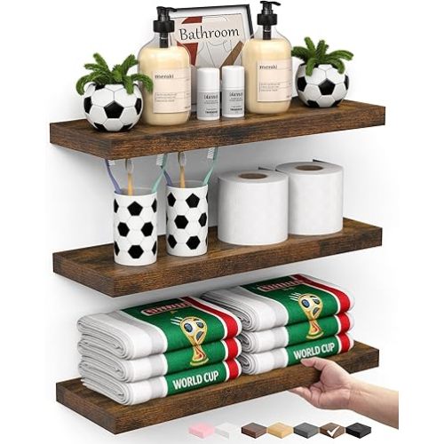 BAYKA Bathroom Floating Shelves for Wall Set of 3 - Rustic Brown Farmhouse Wood Shelves Over Toilet for Bedroom, Kitchen, or Living Room Decor Display, Storage for Plants, Toilet Paper or Bath Towels