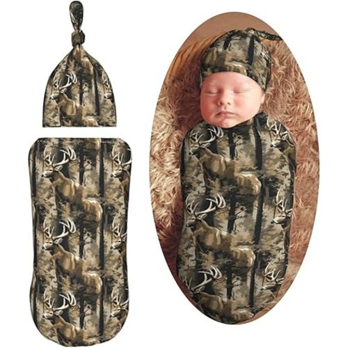 Forest Deer Camo Newborn Swaddle Blankets Hat Sets Soft Baby Receiving Blanket Swaddle Sack for Baby Shower Infant Boy Girl Gift
