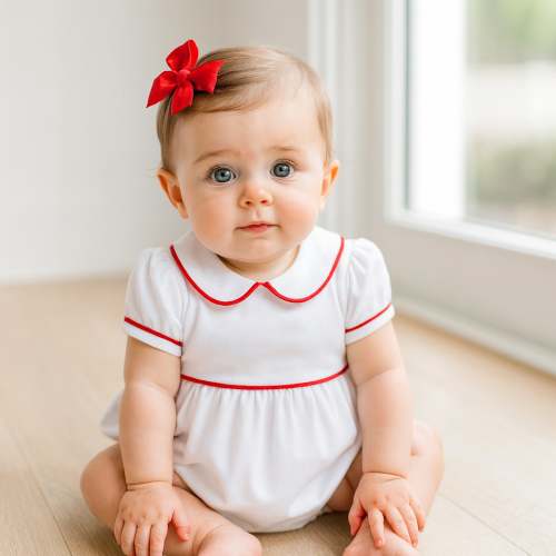 Essentials Collared Ruffle Short Sleeve Girl Bubble - White with Red