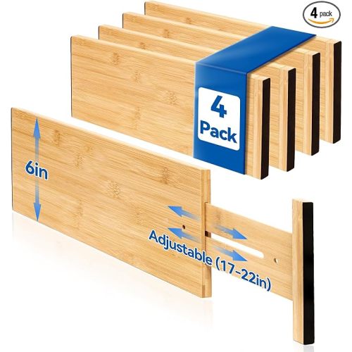 4 Pack Deep Drawer Dividers, 6" High Bamboo Expandable Drawer Organizers, 17-22" Adjustable Tension Separators, Large Drawer Dividers for Kitchen, Bedroom Dresser, Baby Nursery & Bathroom