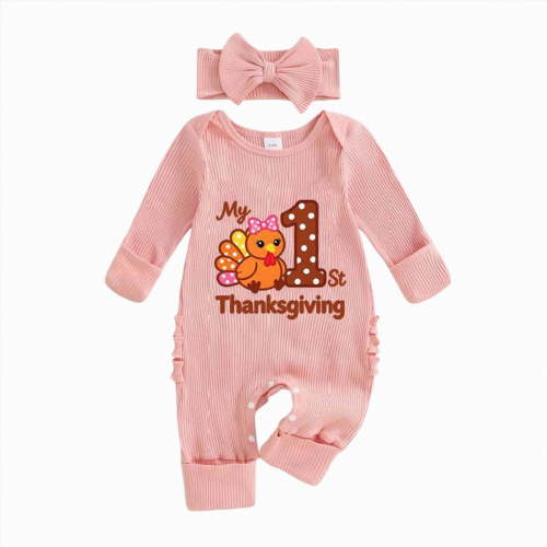 Wonitaaizi Baby Girl Outfit My First Thanksgiving Long Sleeve Romper Jumpsuit Infant Headband Clothes (Newborn,Pink)
