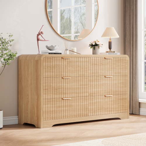 Hijob Modern 6 Drawers Dresser for Bedroom, 47.3" Long Dressers with Metal Handle w/Curved Profile Design, Wood Mid Century Vertical Dresser w/Natural Texture for Bedroom, Living Room, Natural Oak
