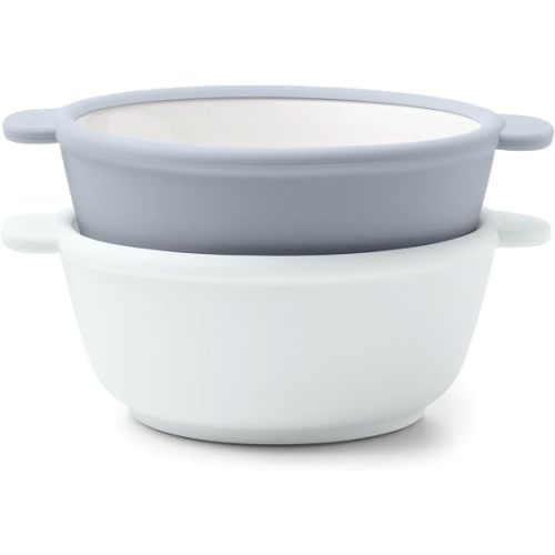 Ello Clean Start 2 Pack Ceramic Bowls with Silicone Sleeves | BPA-Free, Plastic-Free | Microwave & Dishwasher Safe | High Chair Friendly, Stackable | Quiet Tide/Tech Blue