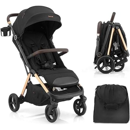 2 in 1 Baby Stroller, Portable Travel Newborn Toddler Stroller with Cup Holder & UPF 50+ Canopy, One-Hand Automatic Folding - Black