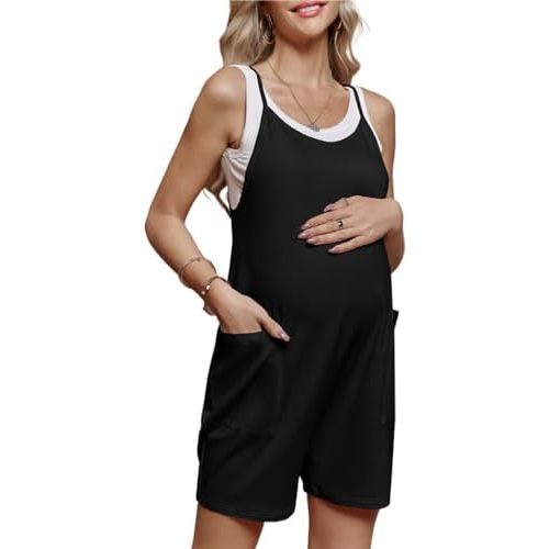 Women's Maternity Overalls Shorts Pregnancy Casual Sleeveless Jumpsuits Romper with Pocket