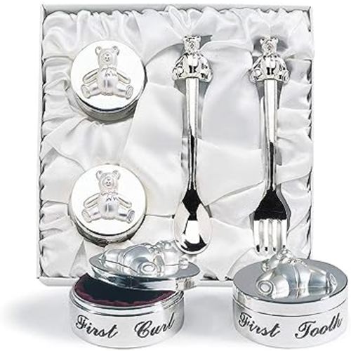 Baby’s First Curl and First Tooth Keepsake Box Collection | Adorable Teddy Bear Designs | Charming Gift | Satin-Lined White Gift Box | 6” Square