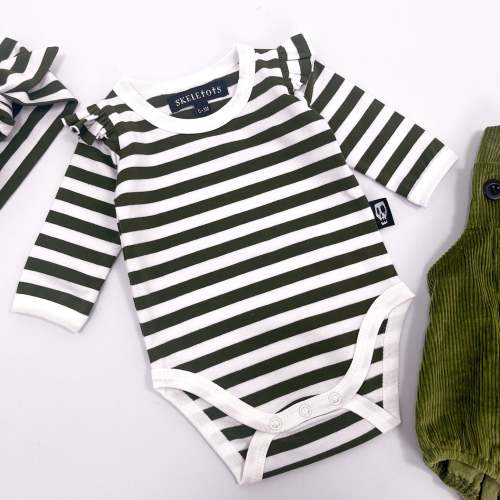 Baby Bodysuit - Striped Black & White with Frilled Sleeves - Gothic Fashion – Skeletots