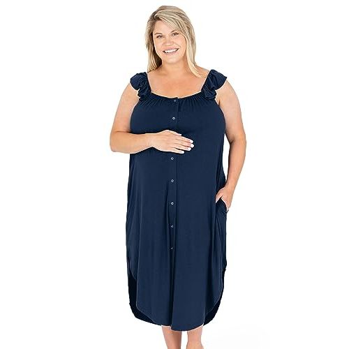 Kindred Bravely Labor and Delivery Gown, 3 in 1 Hospital Gowns for Women Labor Delivery, Ruffle Straps (Navy, Medium/Large)