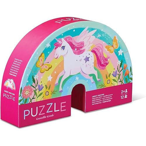 Crocodile Creek 12-Piece Mini Jigsaw Puzzle - Fun Floor Puzzles for Kids Ages 2-4 and Up - Heavy-Duty Shaped Box for Storage - Sweet Unicorn - 12" x 9" Finished
