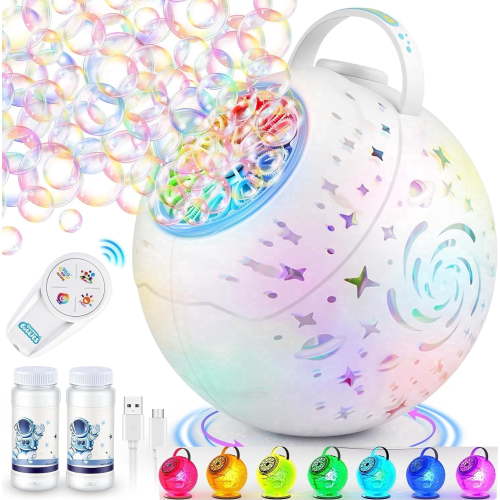 Beautysureup Rechargeable Bubble Machine, Remote Control and 7 Colors RGB LED Light, Auto 90°/360° Rotation, Bubble Maker for Kids, Weddings, Birthday Parties, Outdoor Activities