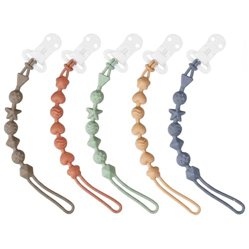 PandaEar 5 Pack Silicone Pacifier Clips, Pacifier Holder with One Piece Design for Baby Boys & Girls, Teething Toys Teethers
