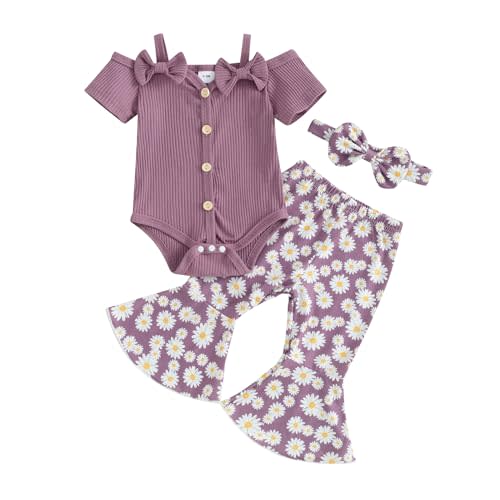 fhutpw Newborn Baby Girl Clothes Rib Frill Romper Daisy Flared Pants Set | Infant Girl Fall Winter Outfits, 0 3 6 9 12 18 Girls Clothes,Long Sleeve, Floral Bell-Bottom, Bow Headband, Cute Baby Clothes