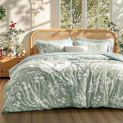 Bedsure Twin Comforter Set - 5 Pieces Floral Sage Green Soft Bedding Sets, Twin Bed in a Bag with Botanical Flowers Comforter, Sheets, Pillowcase & Sham
