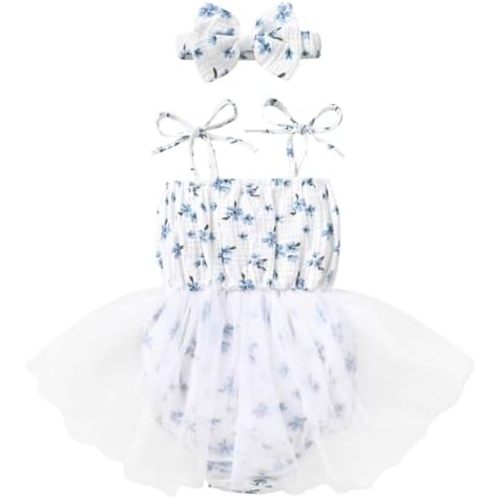 HAPPYMA Baby Girl Romper Clothes Infant Sleeveless Bodysuit Tulle Dress Toddler Summer Jumpsuit Outfits with Headband